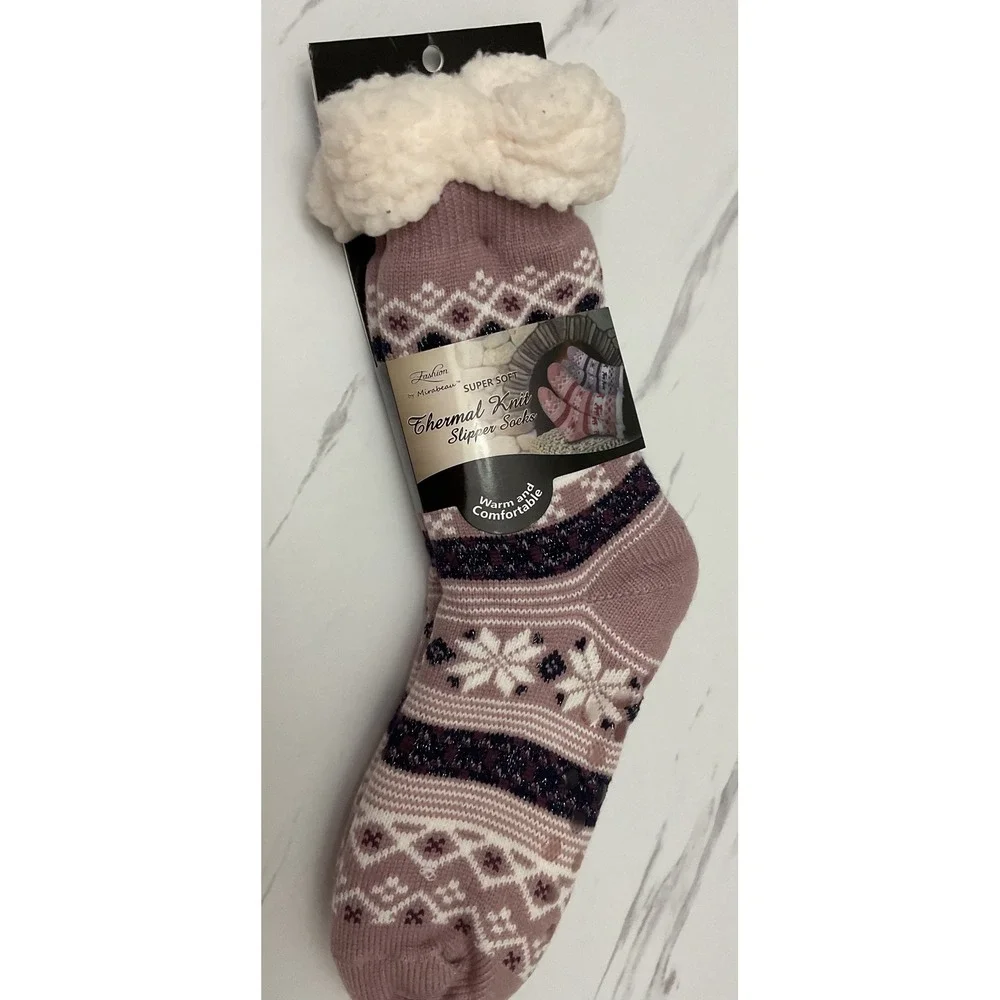 Fashion by Mirabeau‎ Thermal Knit Slipper Socks Mauve Snowflake Sparkle 4.7 TOG